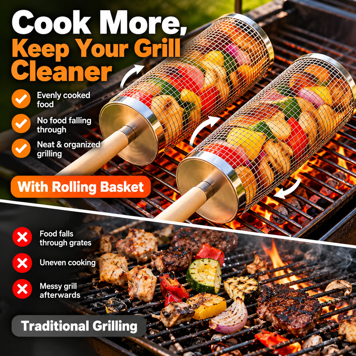 🔥 Rolling Grill Basket 360° Rotating BBQ Mesh Cylinder 🥩