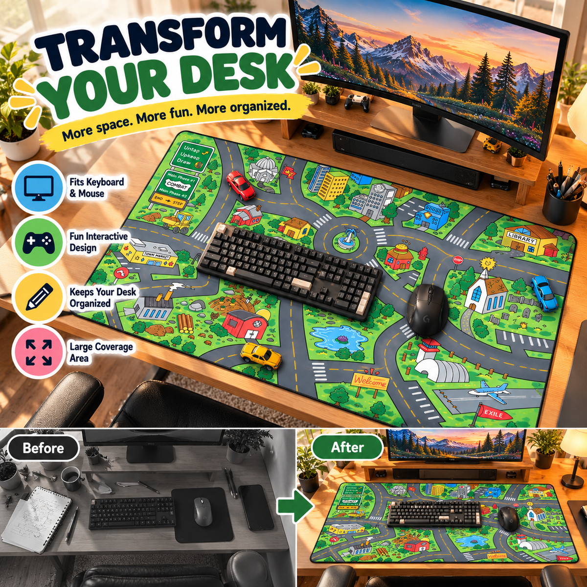 🚗 Nostalgic City Road Desk Mat – Fun Mouse Pad for Work, Gaming & Play