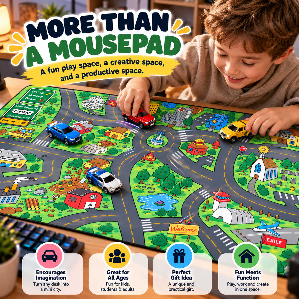 🚗 Nostalgic City Road Desk Mat – Fun Mouse Pad for Work, Gaming & Play
