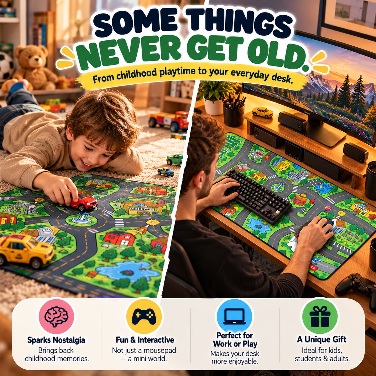 🚗 Nostalgic City Road Desk Mat – Fun Mouse Pad for Work, Gaming & Play