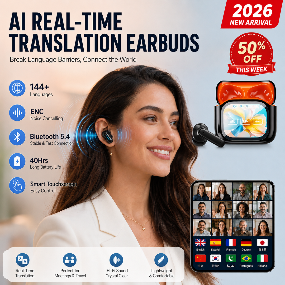🌍 AI Translation Earbuds – 159 Languages, ANC & Smart Touch Case 🎧