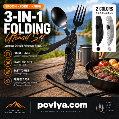 🏕️ 4-In-1 Folding Camping Utensil Set – Spoon, Fork, Knife & Bottle Opener