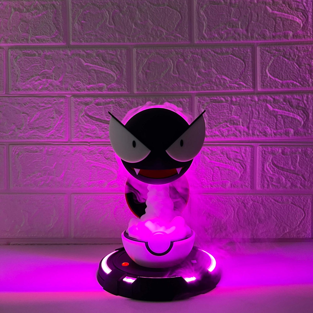 Gastly-inspired cool mist humidifier with bright purple lighting and steady mist output, front view room decor