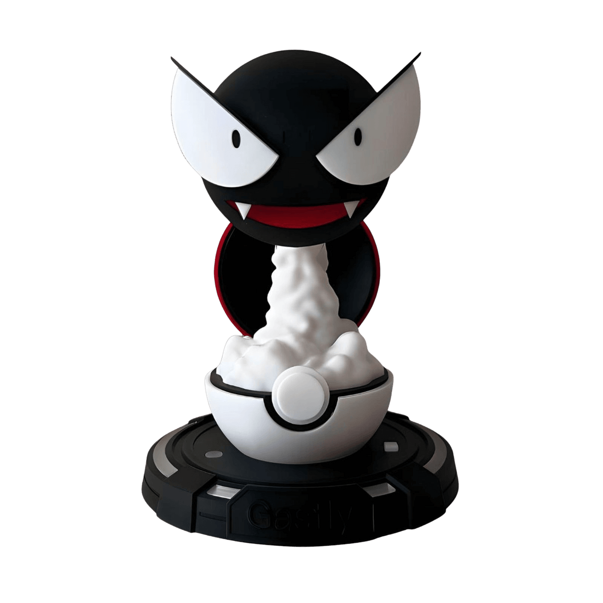 Gastly-inspired cool mist humidifier render, ghost-themed desktop humidifier with pokeball-style base, front view
