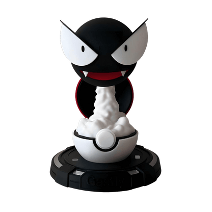 Gastly-inspired cool mist humidifier render, ghost-themed desktop humidifier with pokeball-style base, front view