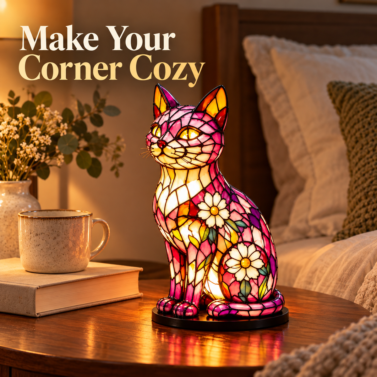 🌸🐱 Floral Mosaic Cat Lamp – A Warm Glow for Every Cat Lover’s Home