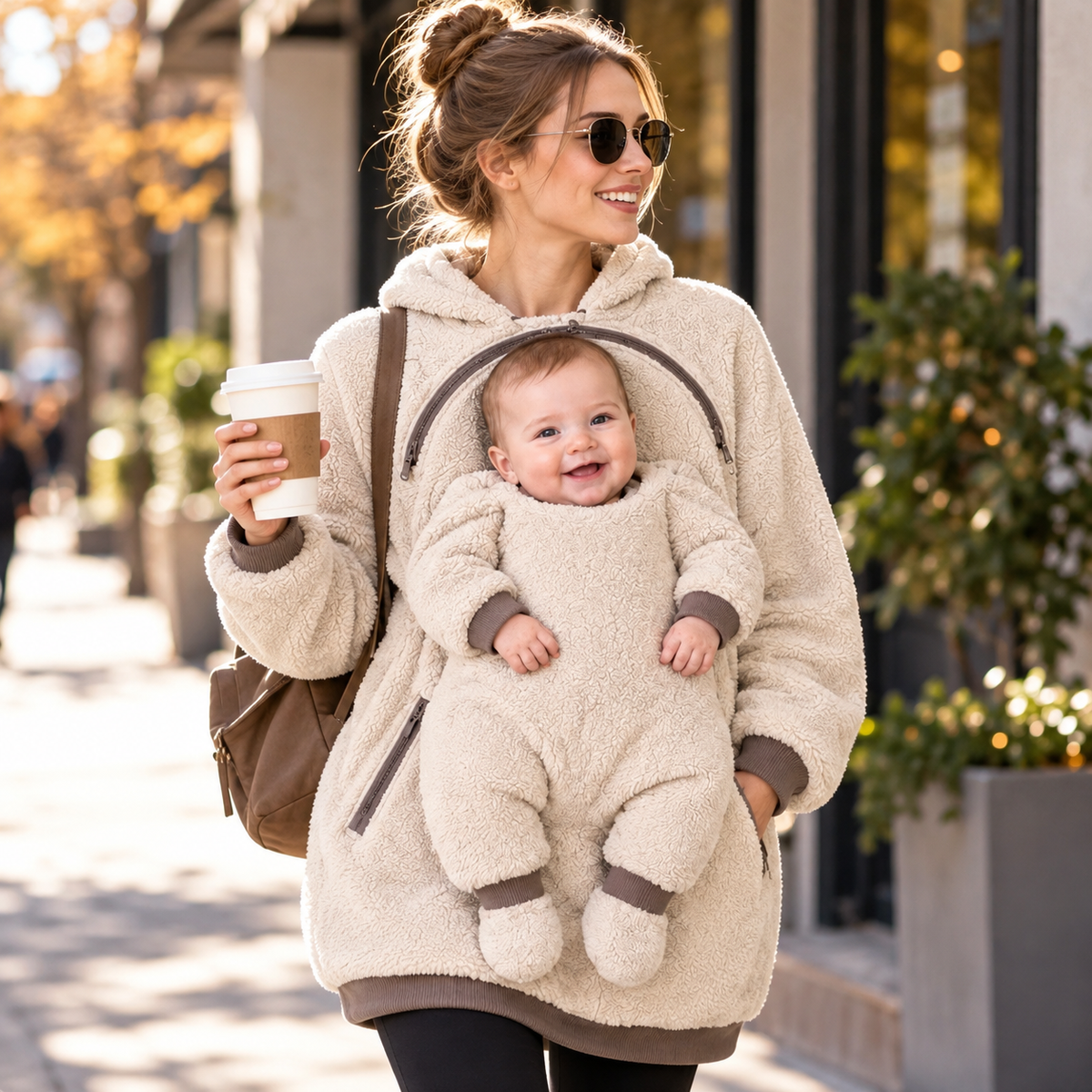 🤎 Cozy Sherpa Babywearing Hoodie – Ultra-Soft Fleece Pullover for Mom & Baby
