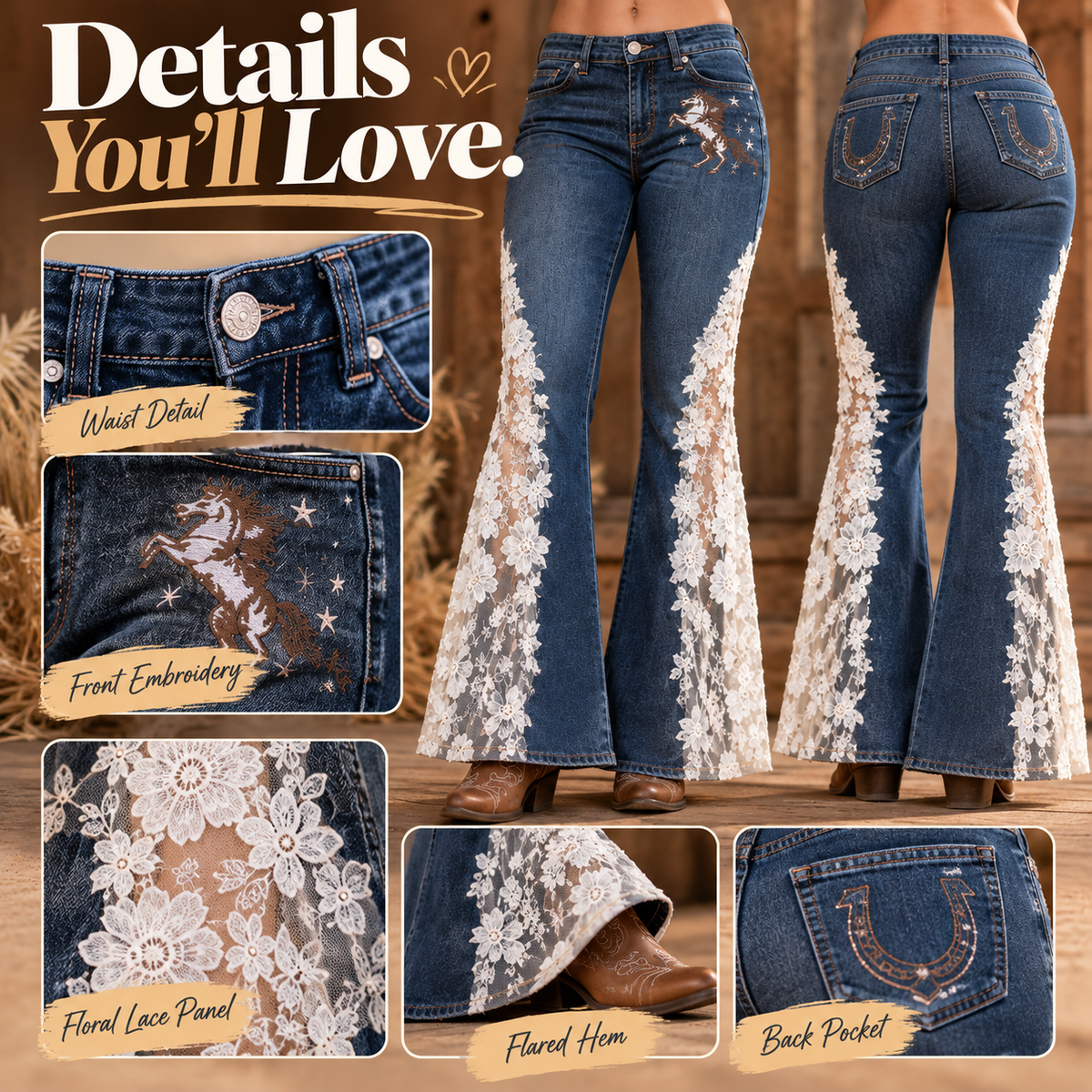 🤠 Western Floral Lace Flare Jeans ✨ Vintage Cowgirl Charm