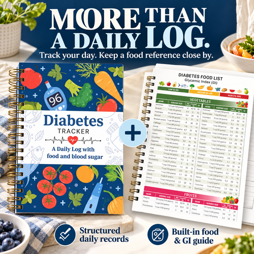 📘 Diabetes Tracker Book with Food Guide & Meal Planner ✨