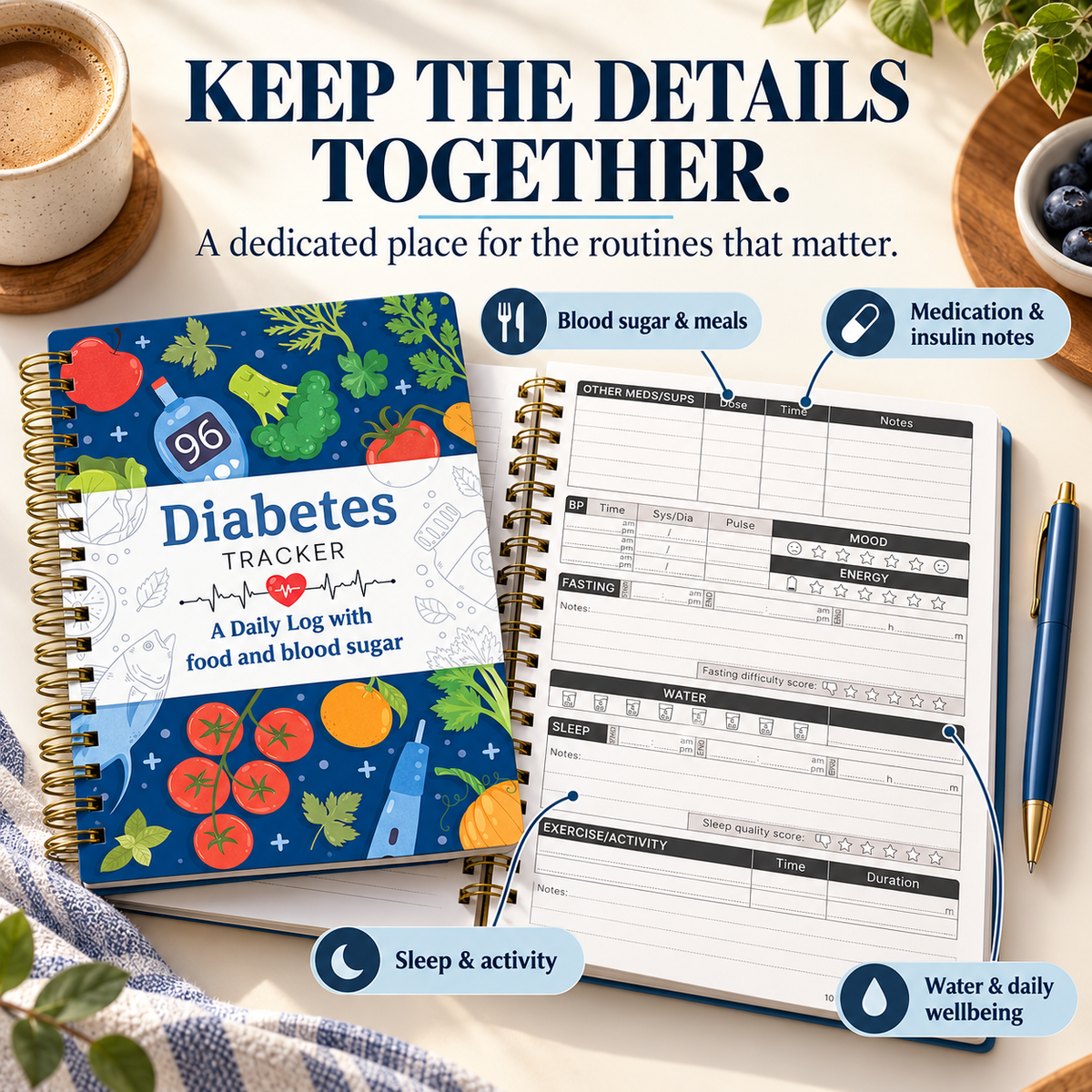 📘 Diabetes Tracker Book with Food Guide & Meal Planner ✨