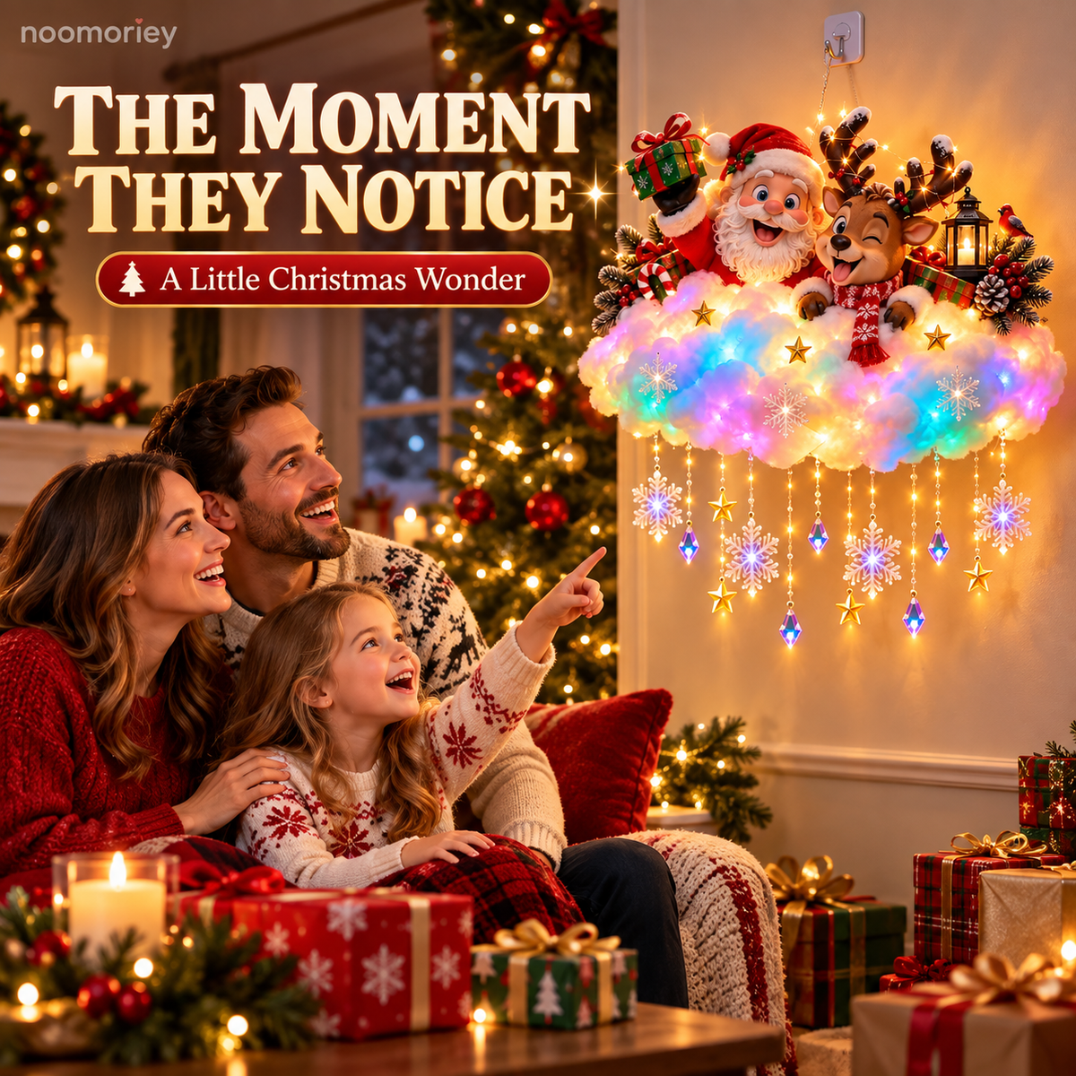 ✨ Santa & Reindeer Light-Up Christmas Cloud – A Holiday Story for Your Wall