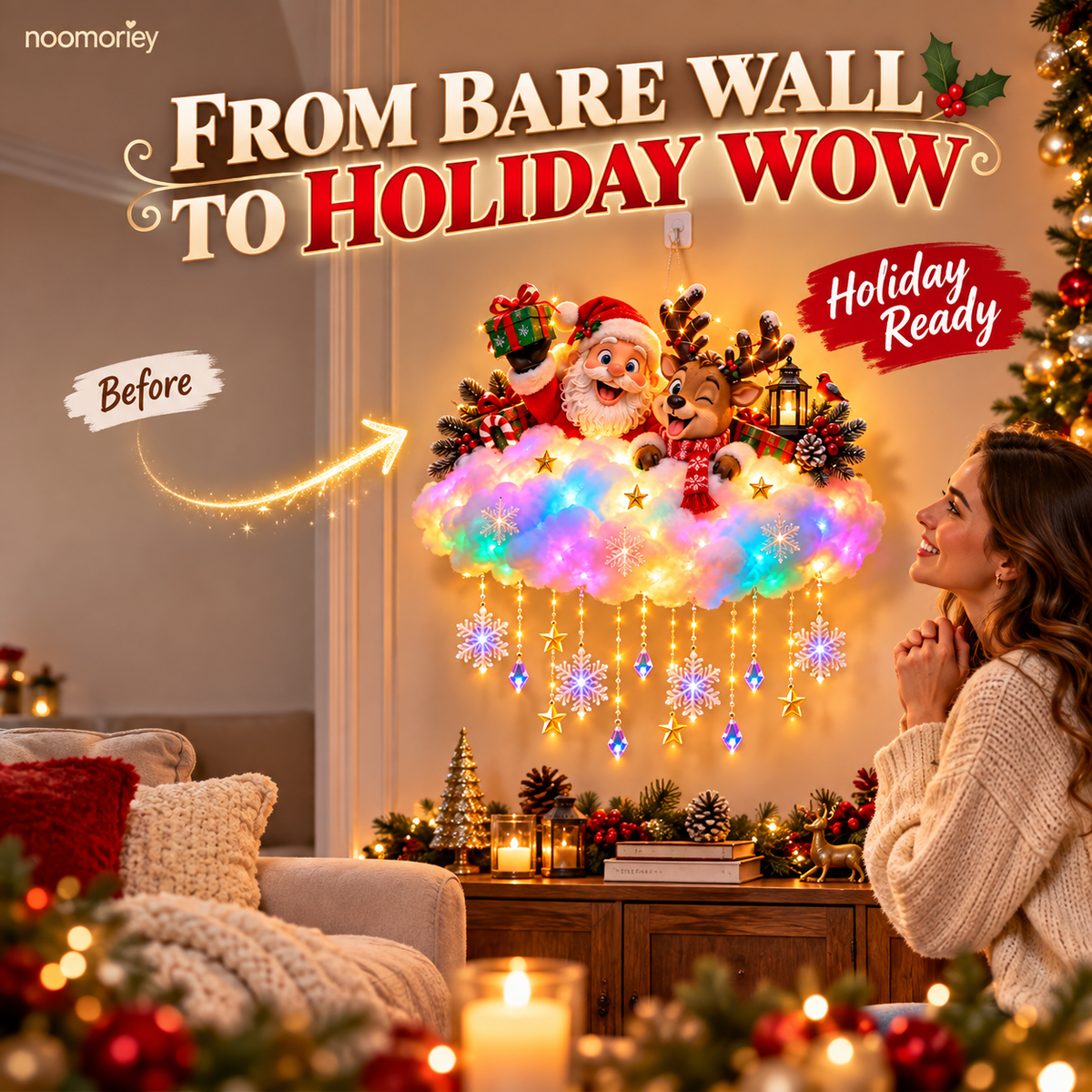 ✨ Santa & Reindeer Light-Up Christmas Cloud – A Holiday Story for Your Wall