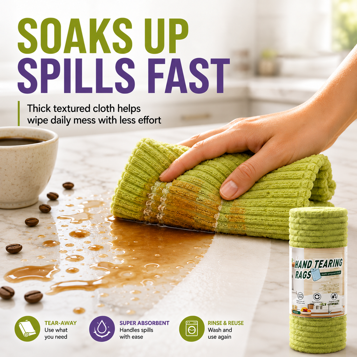 🍃 Bamboo Fiber Cleaning Cloth Roll – Thick Absorbent Tear-Off Kitchen Towels for Grease, Spills & Everyday Cleaning