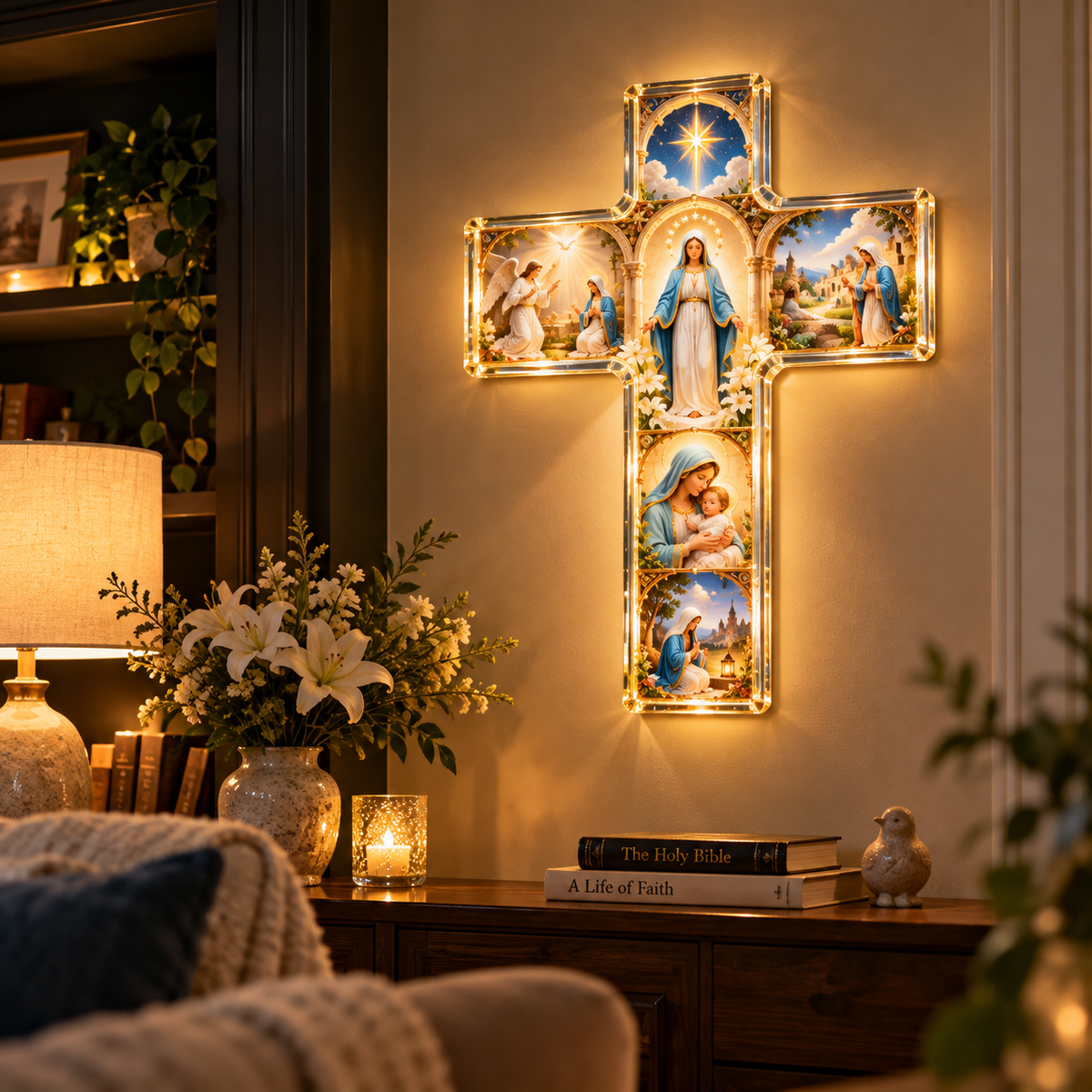 ✝️✨ Mary’s Sacred Journey – Illuminated 6-Scene Cross