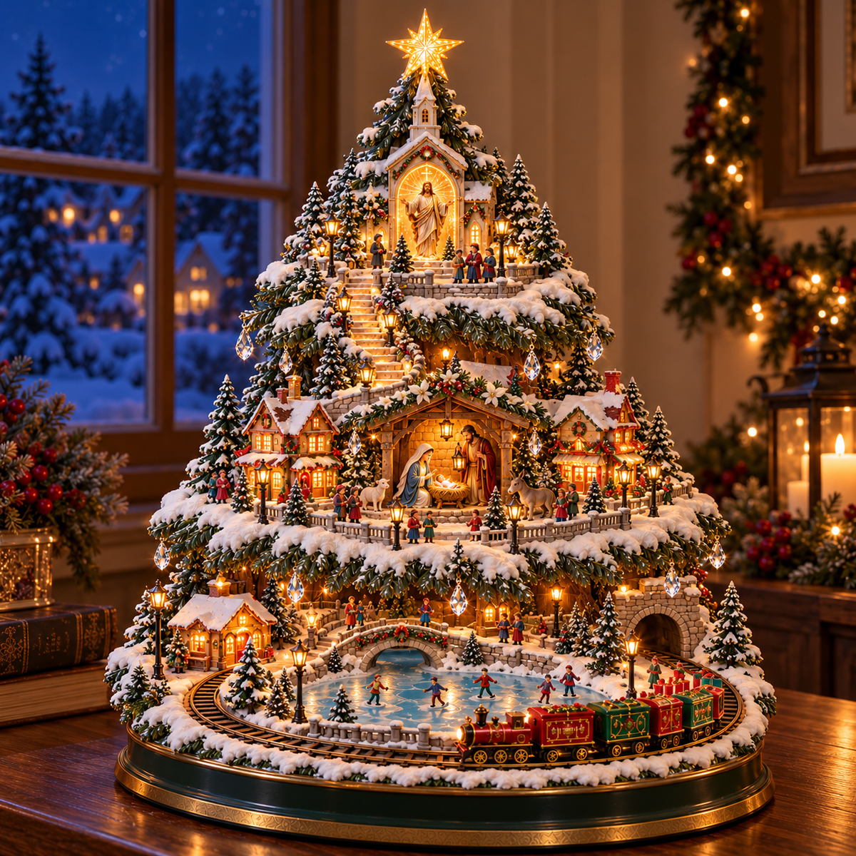 🎄🎅OFF Lighted Christmas Village Tree with Train & Carouse✨
