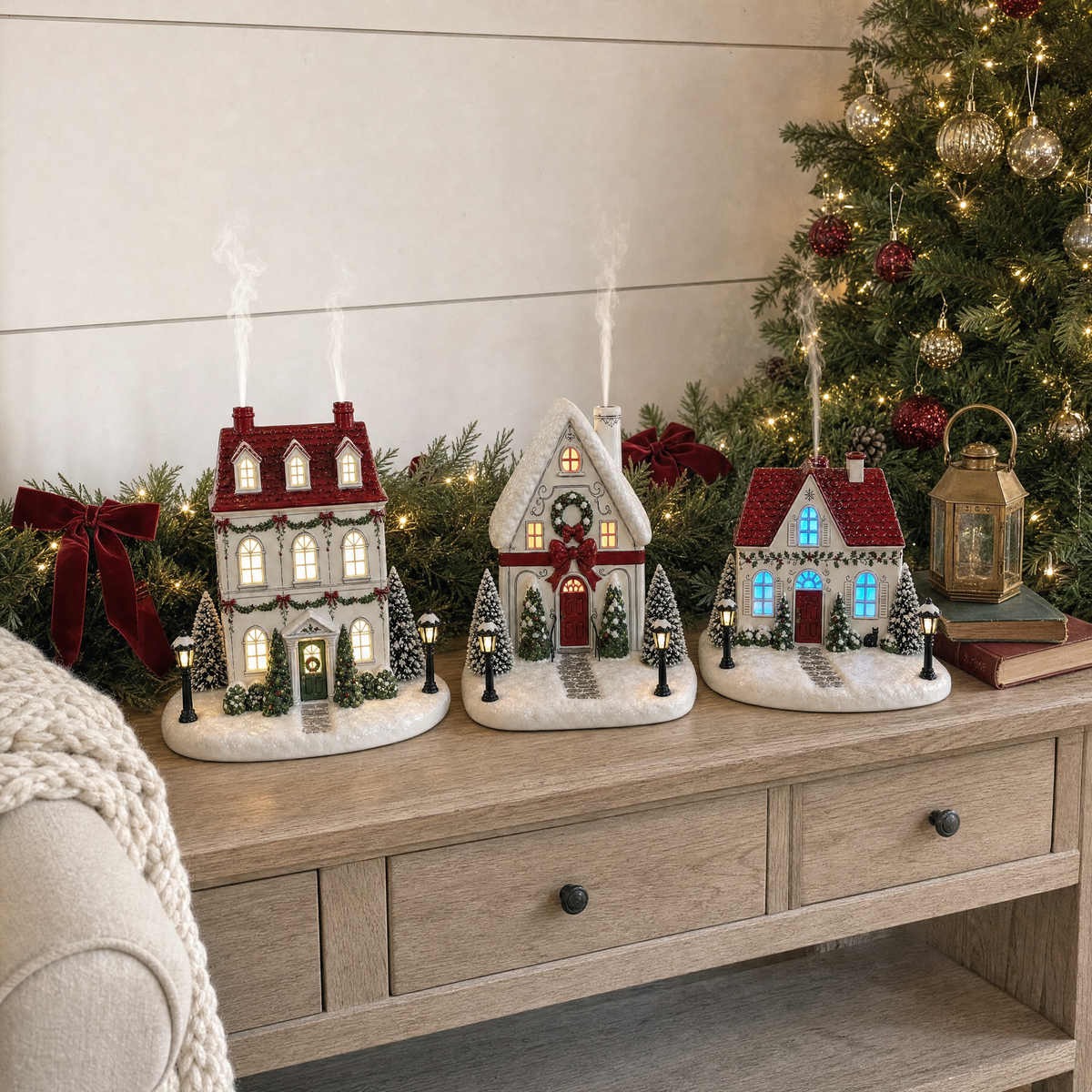 🎄 Christmas Village Aroma Diffuser – Light-Up Ceramic House with Chimney Mist