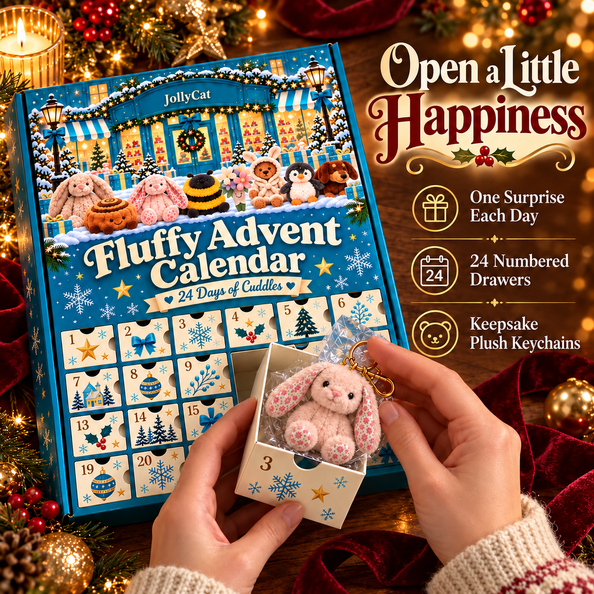 🎄 24-Day Plush Advent Calendar – Daily Surprises & Adorable Bag Charms 🎁