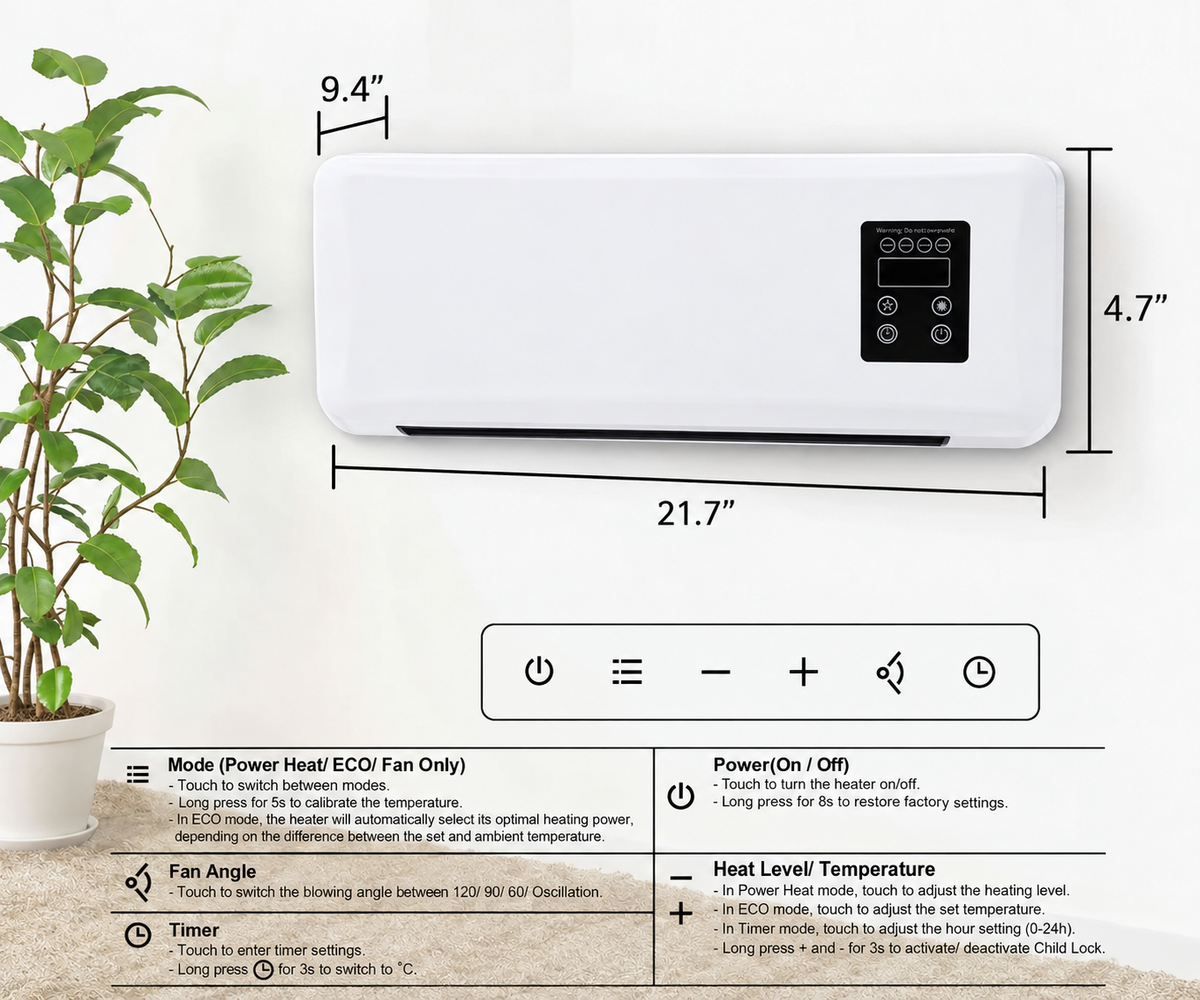 Black Friday Deals 50% OFF TODAY ONLY-Wall-Mounted Space Heater with Thermostat and Remote Control