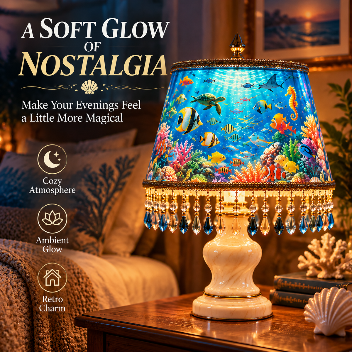 🐠 Vintage Rotating Fish Lamp ✨ Hypnotic Fish Motion & Crystal Fringe