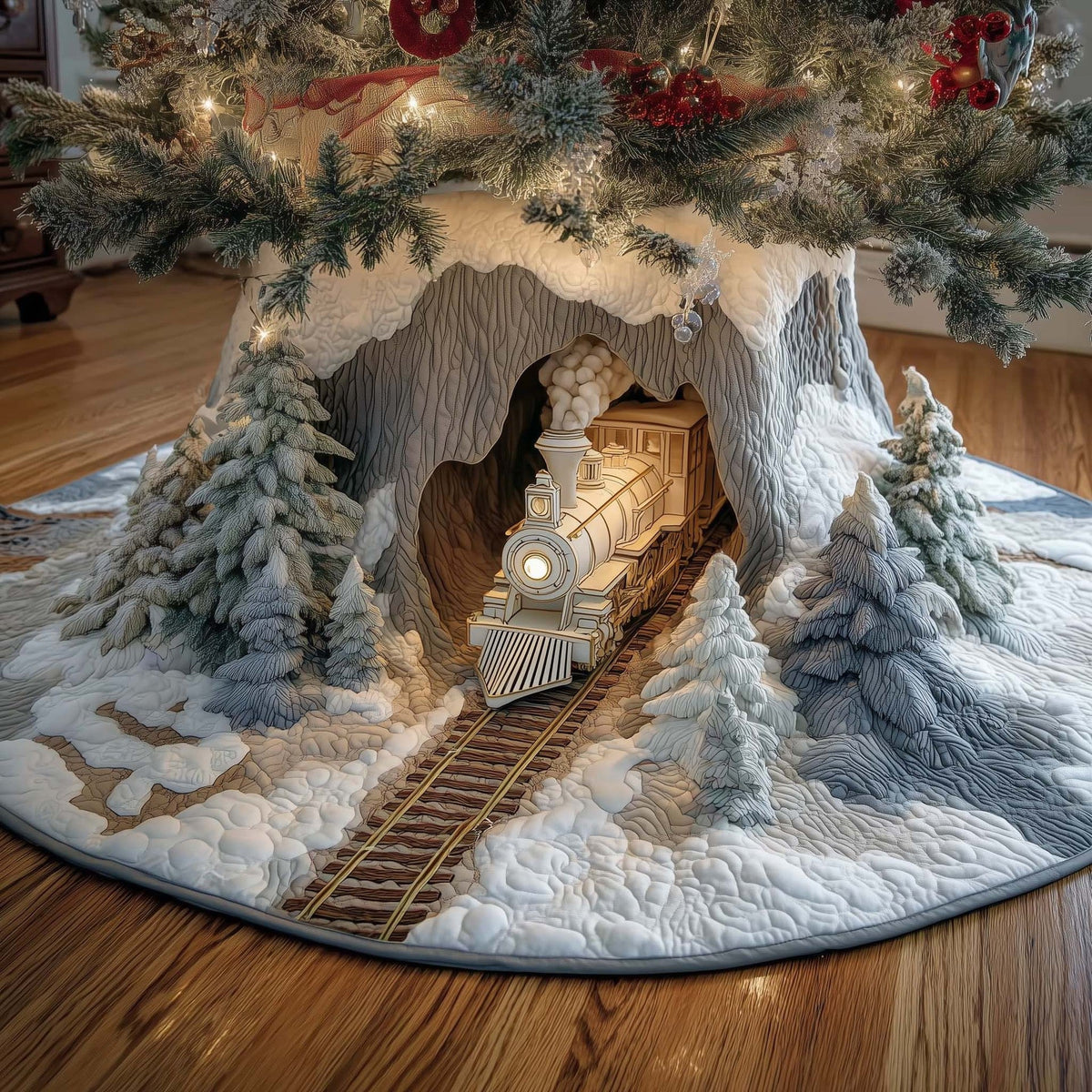 🎄 3D Optical Illusion Christmas Tree Skirt – Quilted Holiday Decor ✨
