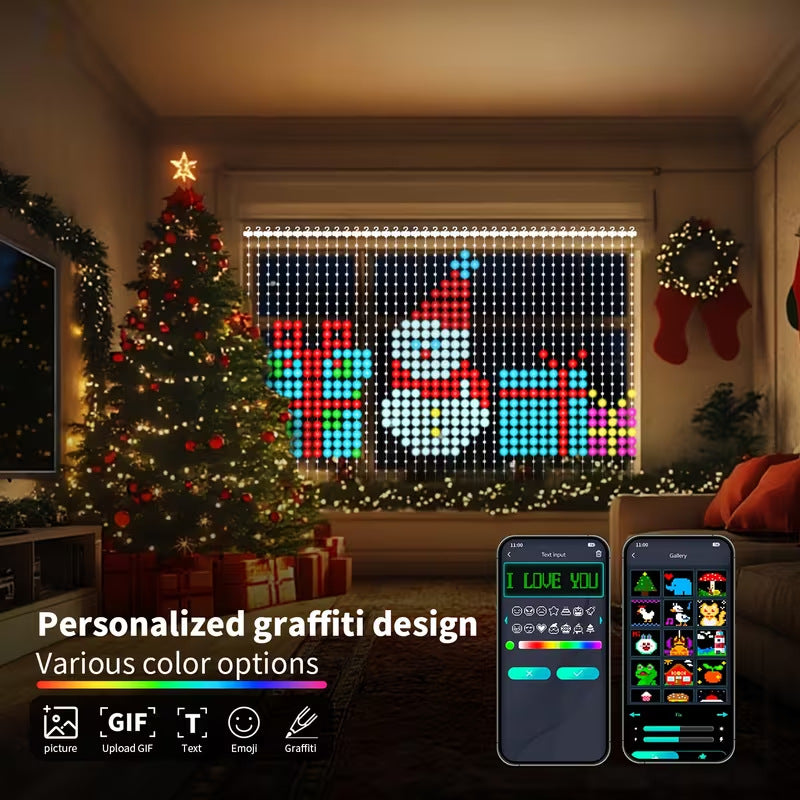 ✨ Smart App-Controlled RGB Pixel Christmas Curtain Lights with Animated Holiday Scenes 🎄