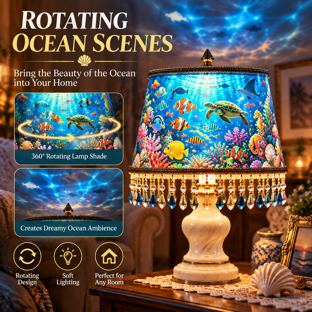 🐠 Vintage Rotating Fish Lamp ✨ Hypnotic Fish Motion & Crystal Fringe