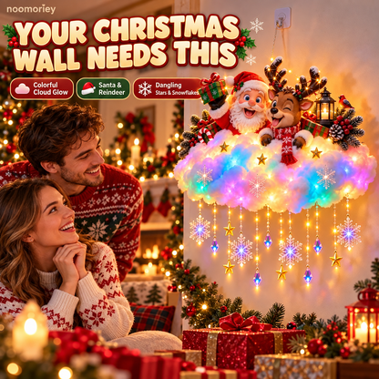 🎅 Santa & Reindeer Christmas Cloud Light – Colorful Glow with Hanging Stars & Snowflakes
