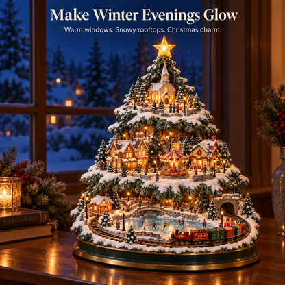 🎄🎅OFF Lighted Christmas Village Tree with Train & Carouse✨