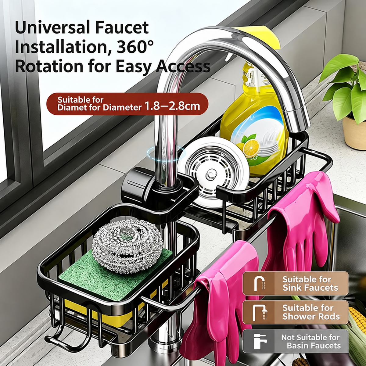 🧽Sink Organizer Rack,Hanging Faucet Drain Rack with Drip Tray Stainless Steel Detachable Sink Faucet Sponge Holder Over Faucet for Kitchen and Bathroom,Scrubbers, Soap,Brush