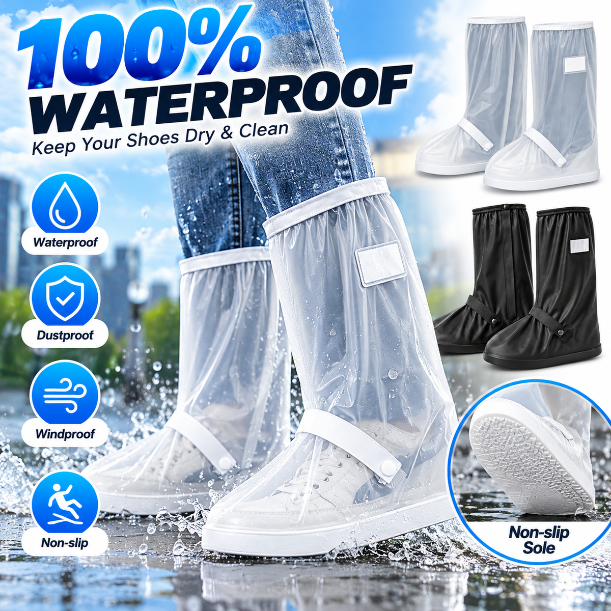 ☔ Waterproof High-Top Rain Shoe Covers (42cm) - Non-Slip & Reflective 🌧️