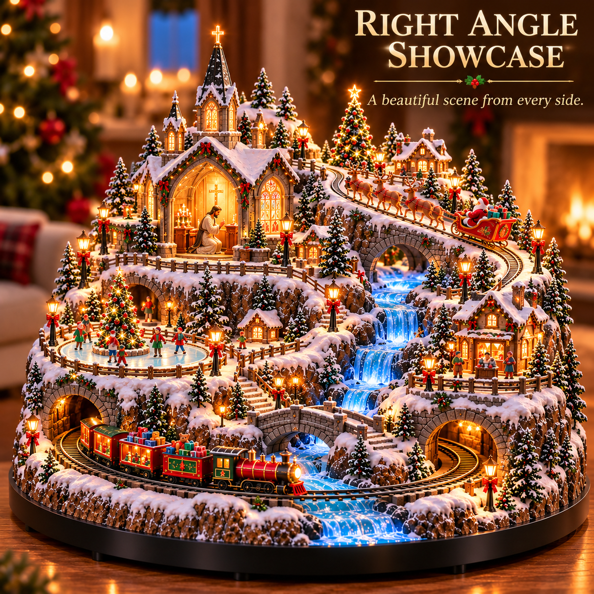 🔥 Lighted Animated Christmas Village with Train, Reindeer Sleigh & Waterfall ✨