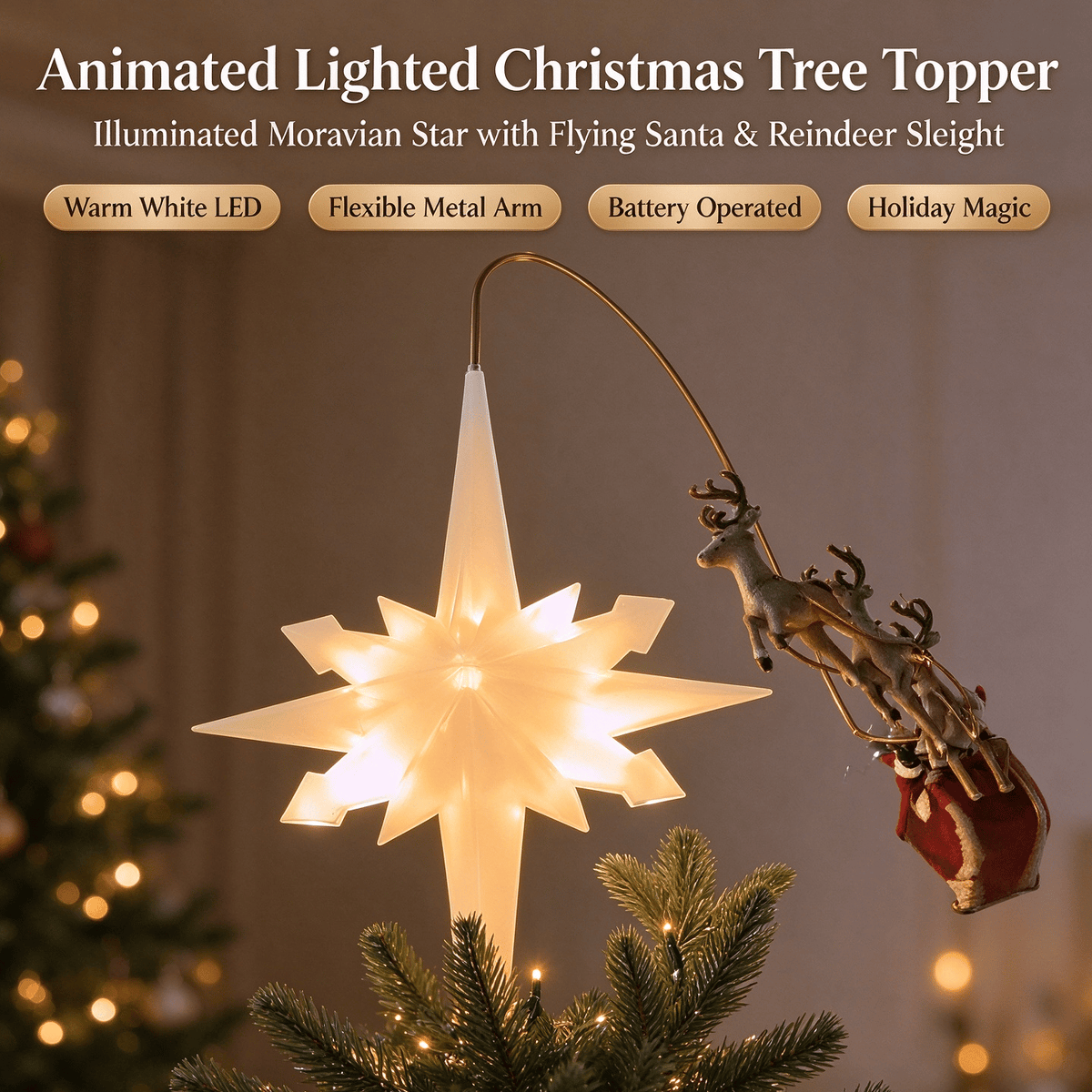 🎅 Lighted Santa Sleigh Christmas Tree Topper – Moravian LED Star with Bendable Flying Arm