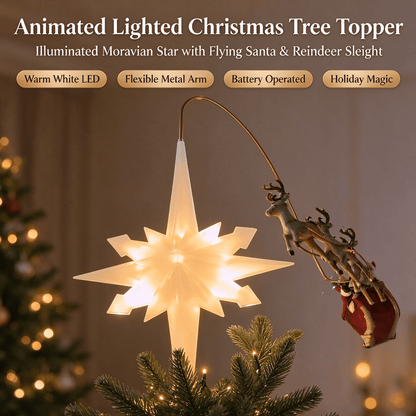 🎅 Lighted Santa Sleigh Christmas Tree Topper – Moravian LED Star with Bendable Flying Arm