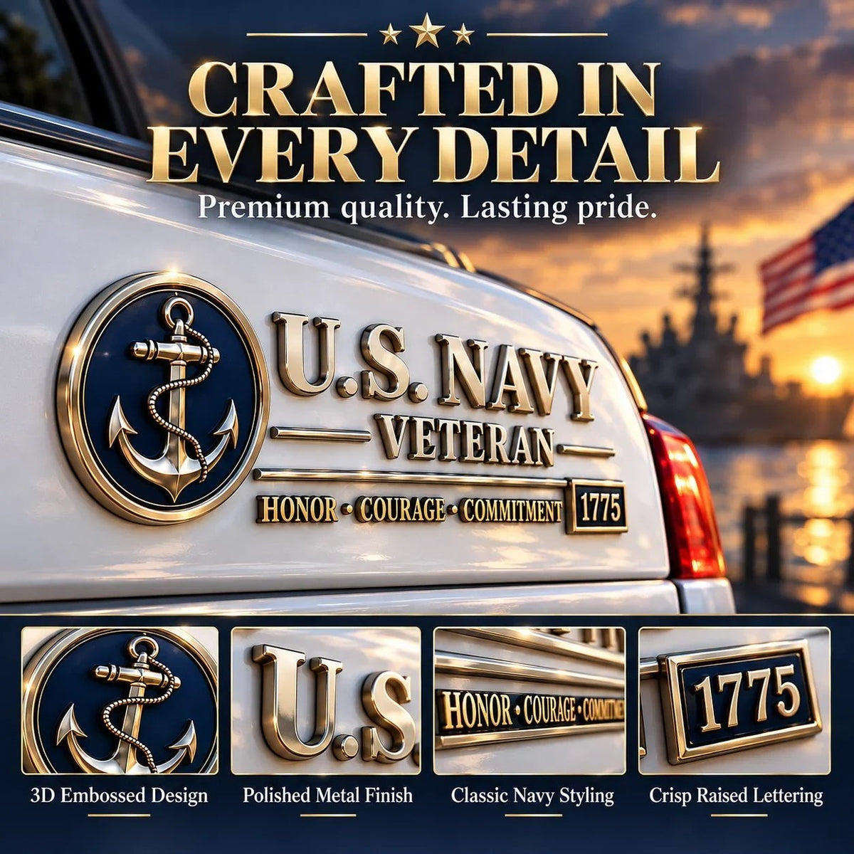 ⚓ U.S. Navy Veteran Metal Car Emblem - 3D Adhesive Vehicle Badge