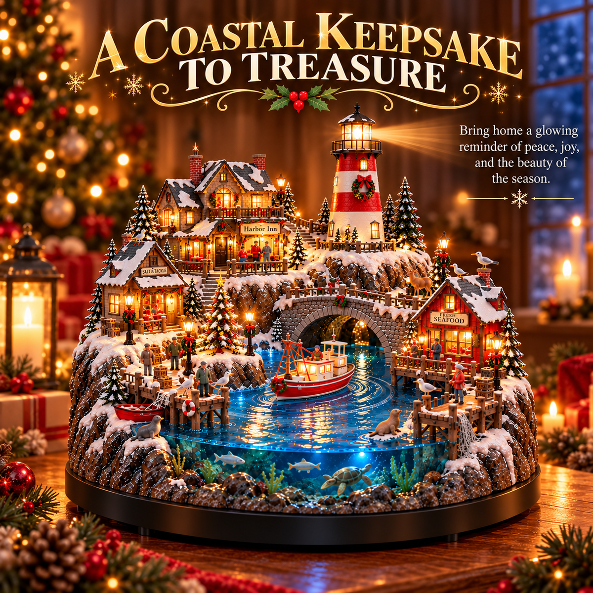 🌊 50%+ OFF Harborlight Christmas™ – Lighted Coastal Village with Lighthouse & Underwater Scene 🎄
