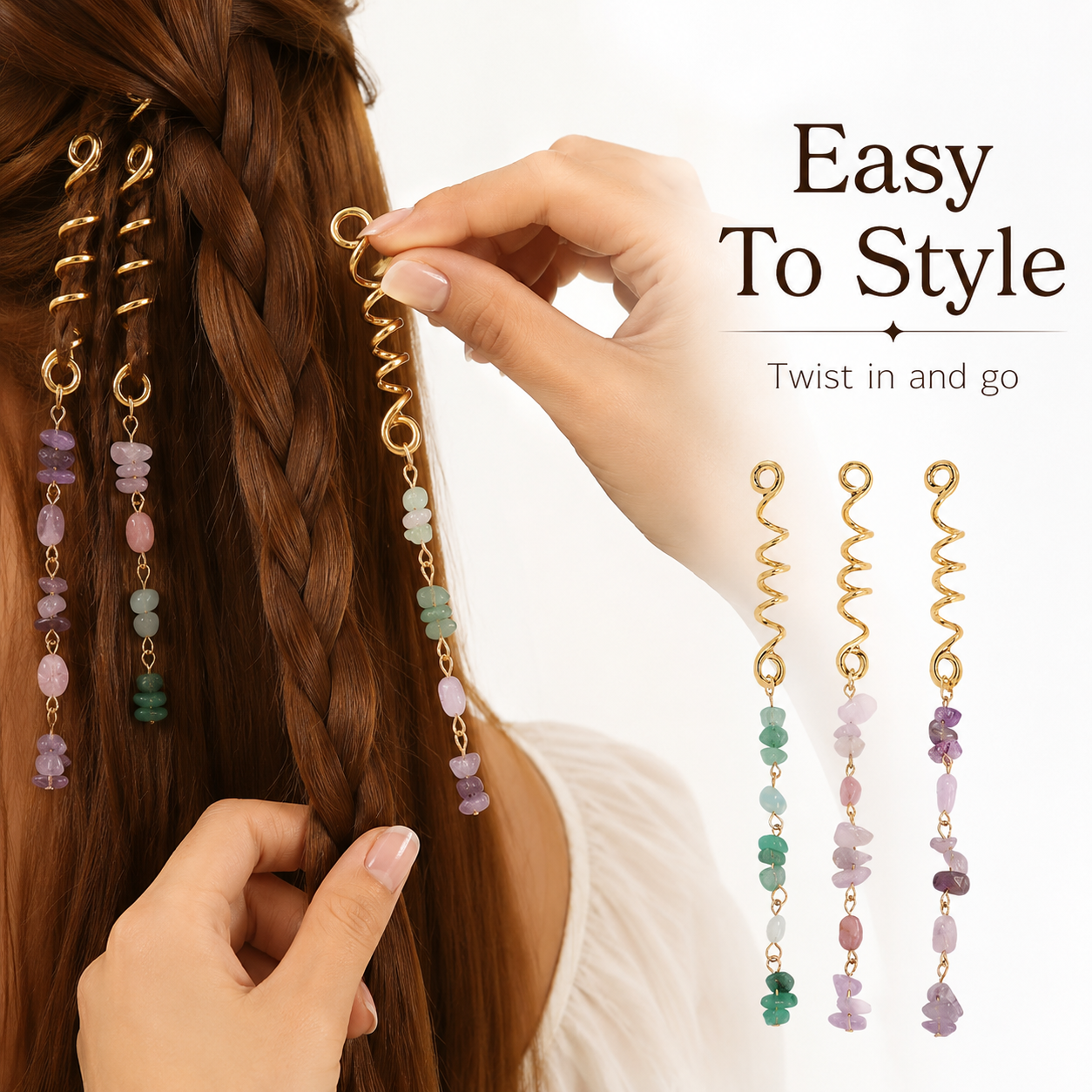 European and American-style bold braided hair ties with unique natural stone pendants