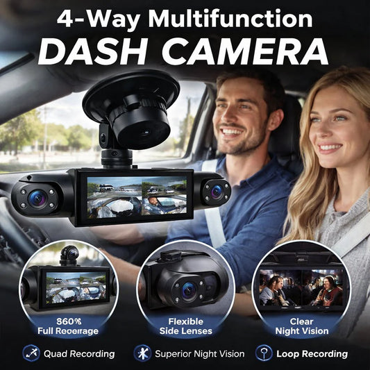 🚗 4-Channel 360° Dash Camera – Front, Rear, Side & Cabin Recording 🛡️