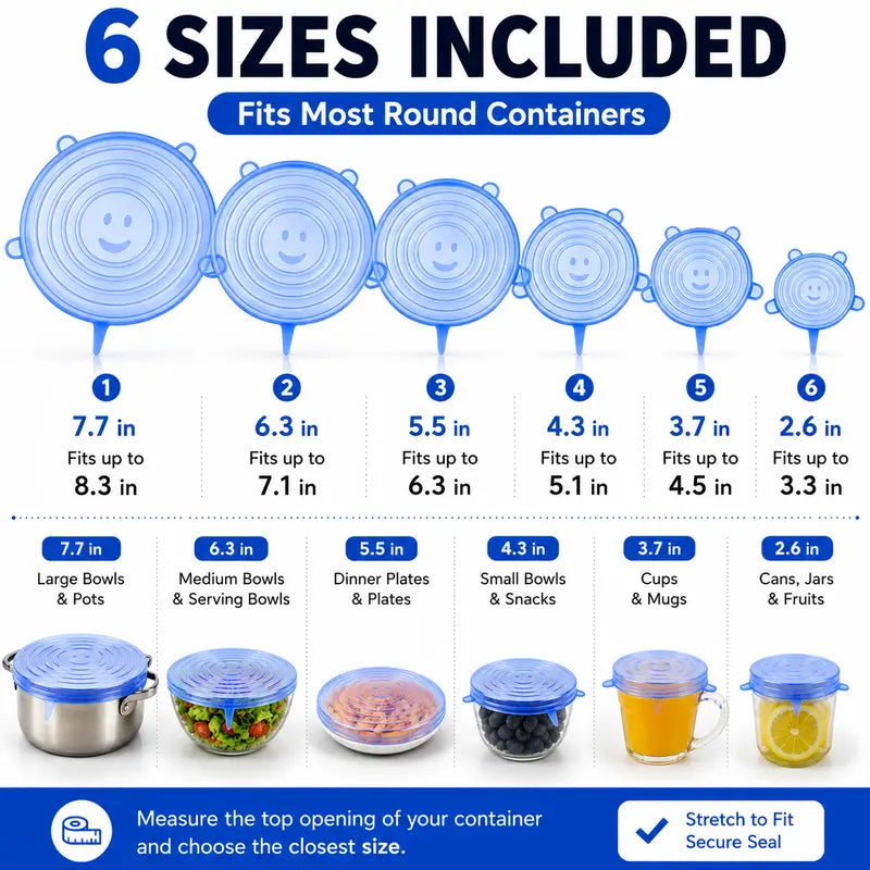 🥗 6-Pack Silicone Stretch Lids – Reusable, BPA-Free & Leak-Proof Covers for Bowls, Pots, Cups & Fruits