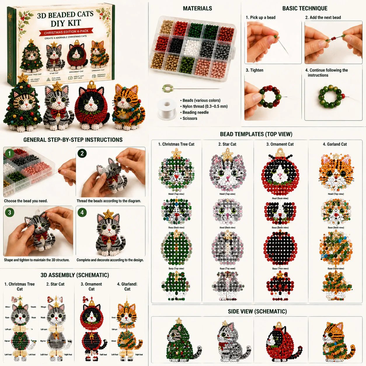 🎄 3D Beaded Christmas Cat DIY Craft Kit Set of 4 Handmade Ornaments 🐱