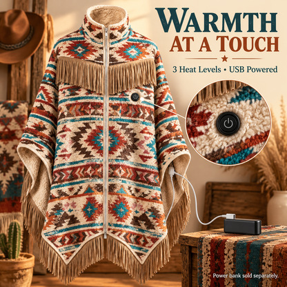🔥 Heated Western Fringe Poncho – 3 Heat Levels, USB Powered Cowgirl Wrap