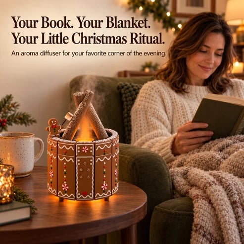🎄 Gingerbread Campfire Aroma Diffuser - Cozy Flame Mist Christmas Decor 🍪