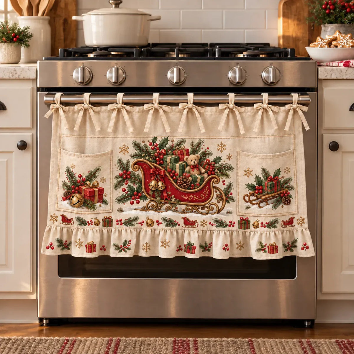 🎄 Christmas Kitchen Tie-On Skirt with Pockets & Ruffled Trim - Appliance Valance