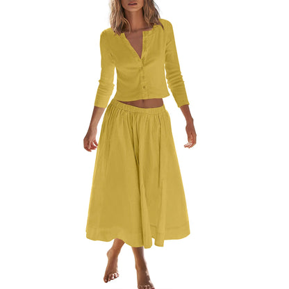 👗 Women's 2-Piece Ribbed Cardigan & Flowing Skirt Set ✨