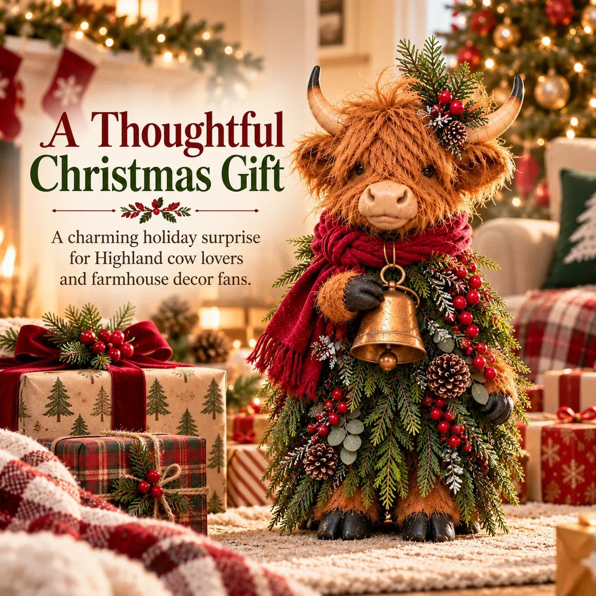 🎄 Christmas Highland Cow Figurine 🔔 Vintage Bell, Burgundy Scarf & Evergreen Accents