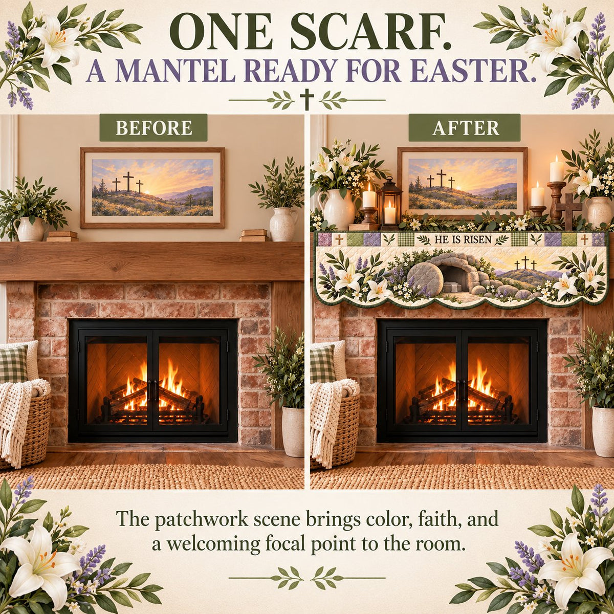 ✝️ Easter Faith Quilted Mantel Scarf | Patchwork Christian Fireplace Décor for Spring & Easter 🌷