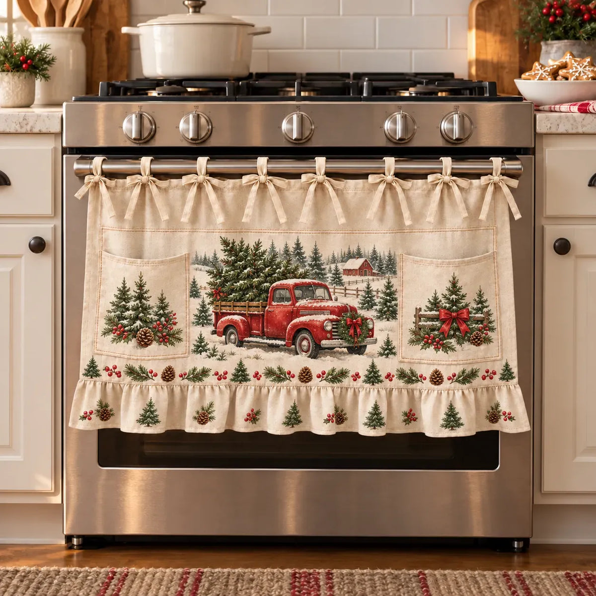 🎄 Christmas Kitchen Tie-On Skirt with Pockets & Ruffled Trim - Appliance Valance