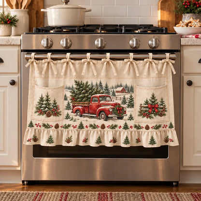 🎄 Christmas Kitchen Tie-On Skirt with Pockets & Ruffled Trim - Appliance Valance