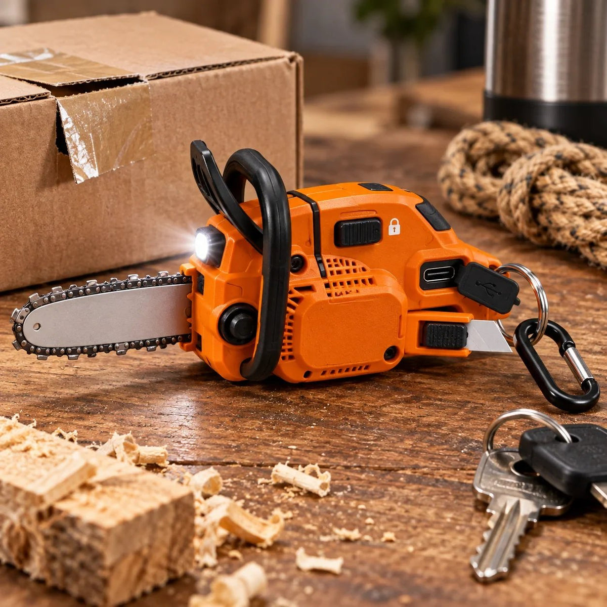 Mini Chainsaw Keychain Multi-Tool – Rechargeable LED Flashlight & Retractable Utility Cutter
