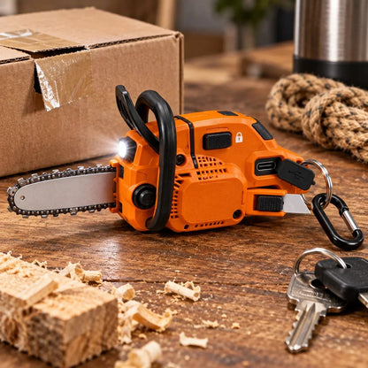 Mini Chainsaw Keychain Multi-Tool – Rechargeable LED Flashlight & Retractable Utility Cutter