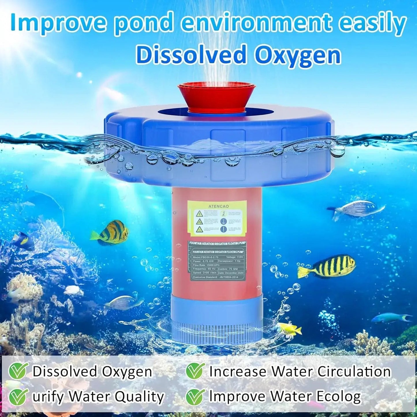 💧 1HP Pond Fountain Aerator – 15000 GPH Floating Lake Pump